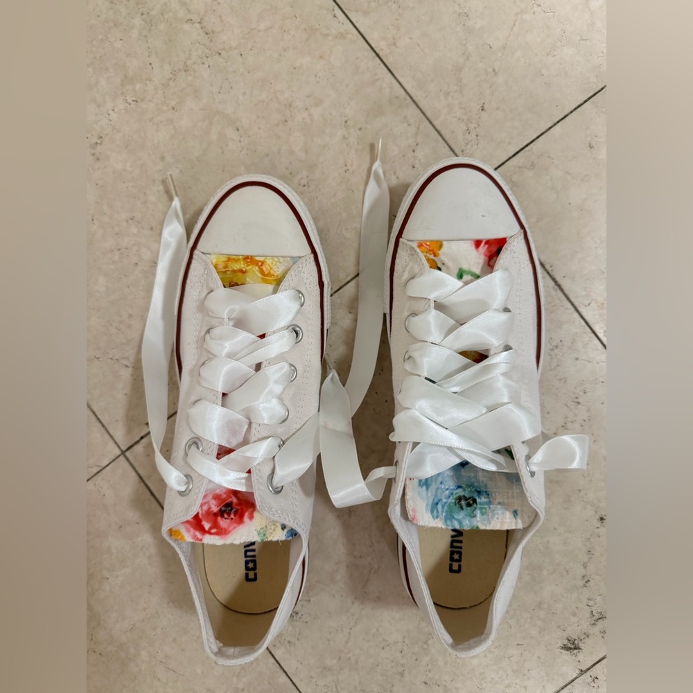 Hand Painted Converse Women's White Satin Lace Sneakers - Picture 11 of 11